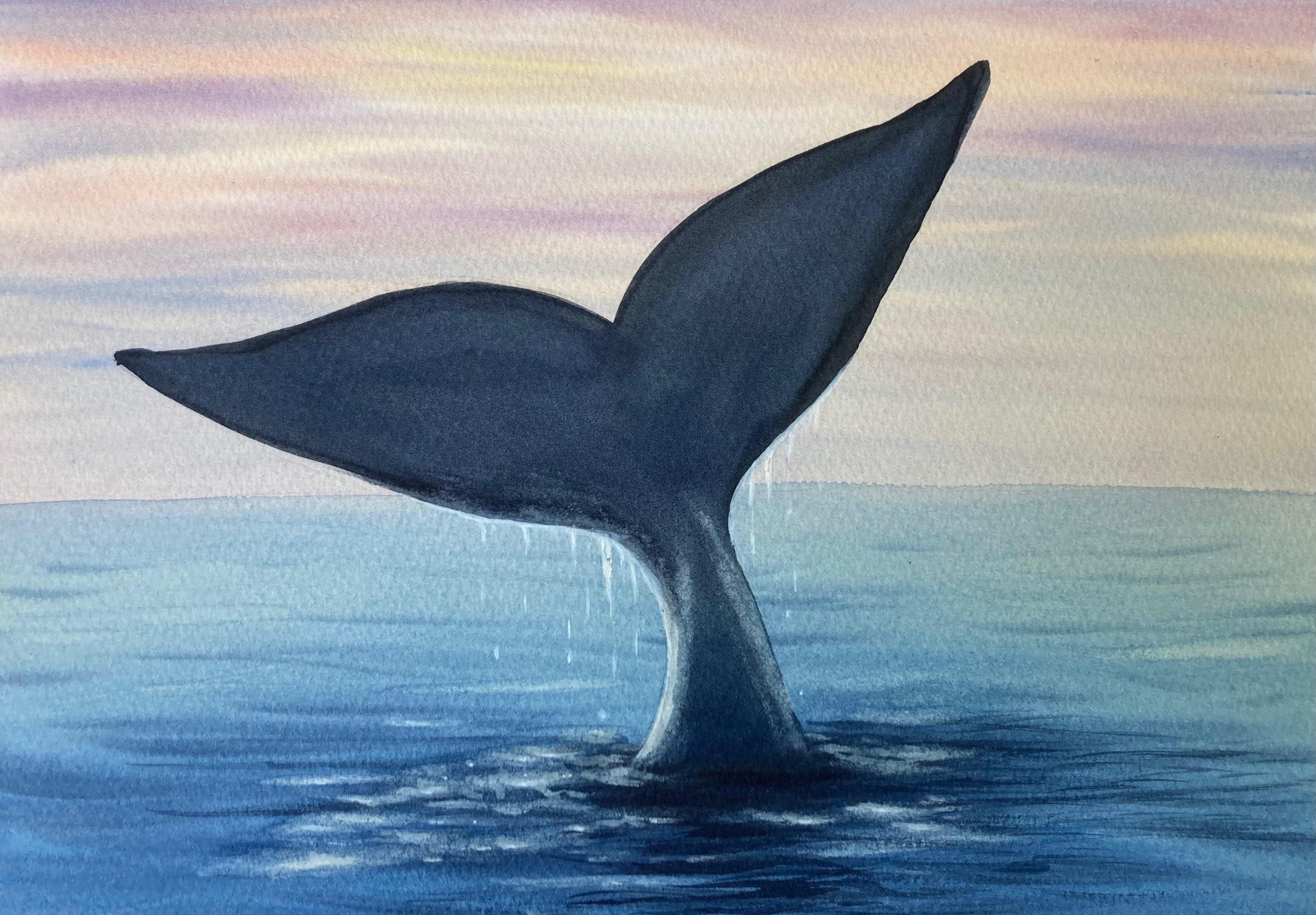 Watercolor painting of a whale tail at sunset